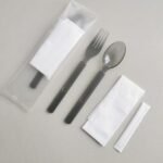 Disposable five-piece cutlery set with napkin, fork, spoon and accessories