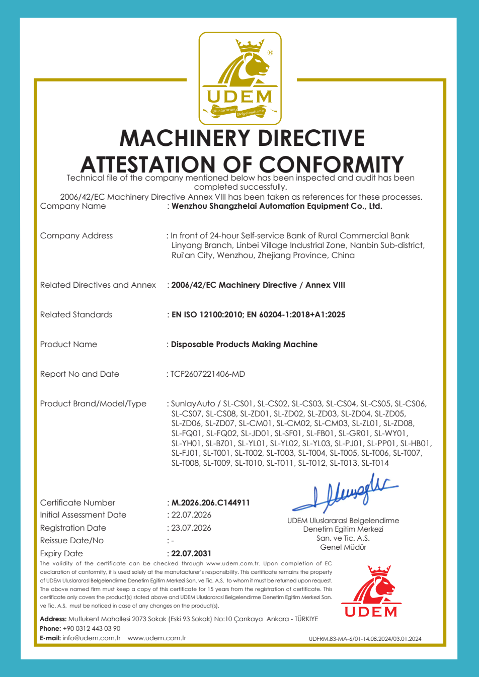 SunlayAuto disposable products making machine conformity certificate M.2026.206.C144911