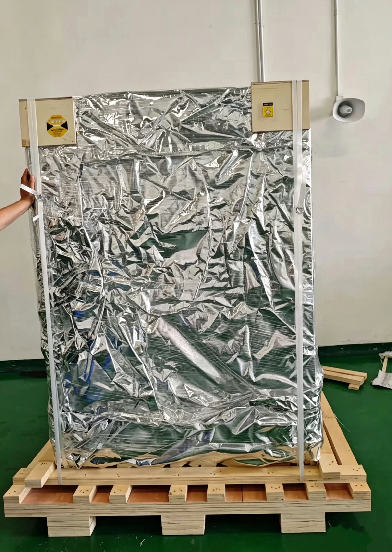 Industrial equipment protected with foil wrap on a pallet for export.